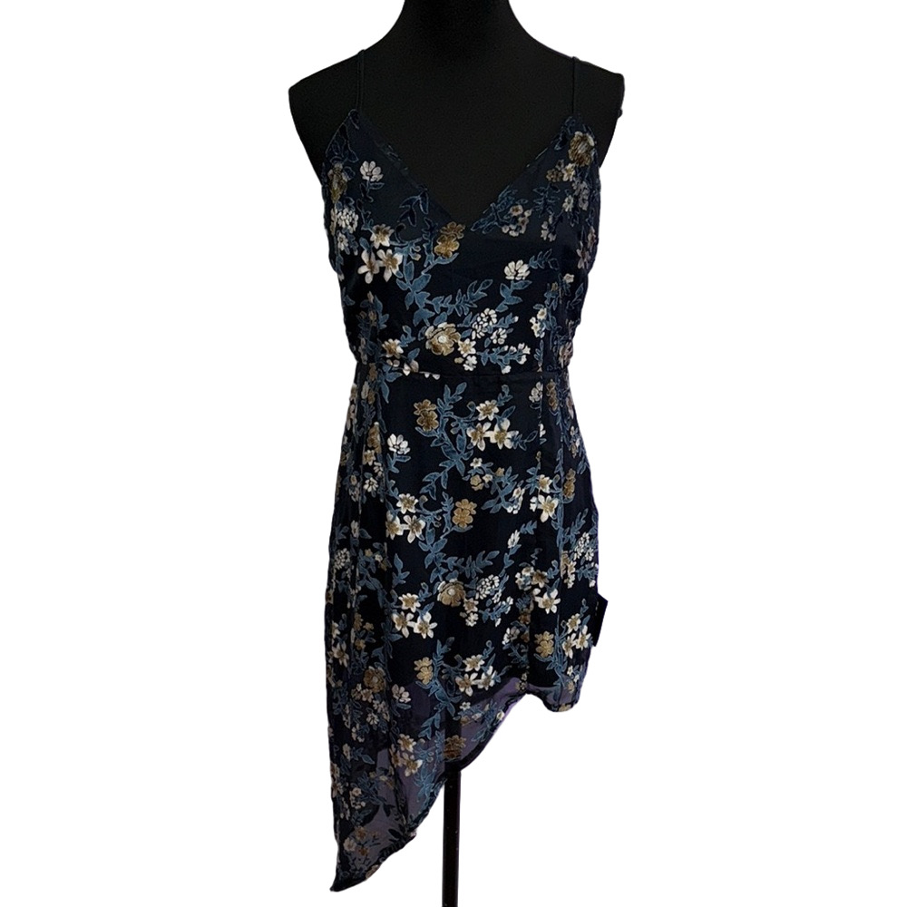 Lulu’s L Navy Floral Velvet Burnout Asymmetrical Cocktail Dress NWT